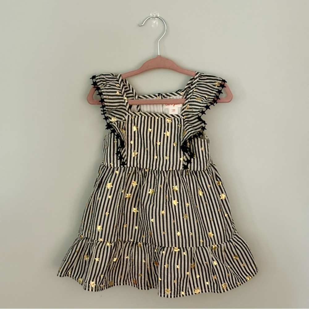Cat & Jack 12M Navy Stripe Gold Star Ruffle Dress